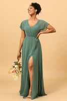 Load image into Gallery viewer, Eucalyptus A Line V-Neck Ruched Long Chiffon Bridesmaid Dress with Slit
