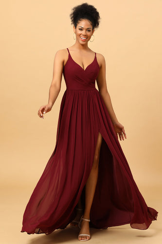 Burgundy A-Line Spaghetti Straps Ruched Long Chiffon Bridesmaid Dress with Slit