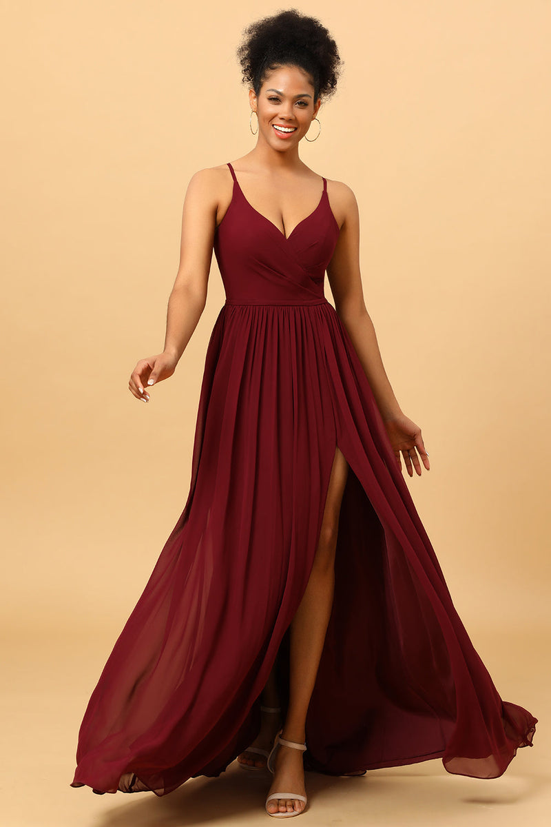 Load image into Gallery viewer, Burgundy A-Line Spaghetti Straps Ruched Long Chiffon Bridesmaid Dress with Slit