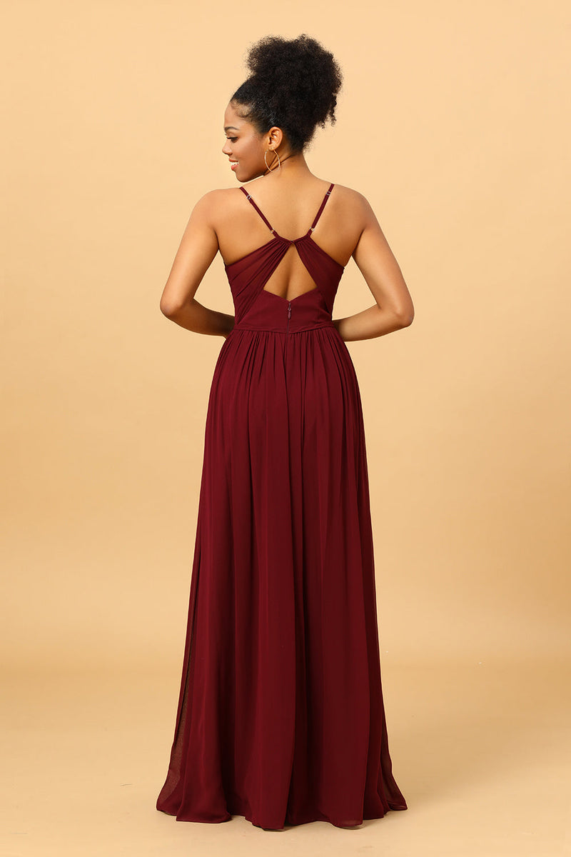 Load image into Gallery viewer, Burgundy A-Line Spaghetti Straps Ruched Long Chiffon Bridesmaid Dress with Slit