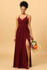Load image into Gallery viewer, Burgundy A-Line Spaghetti Straps Ruched Long Chiffon Bridesmaid Dress with Slit
