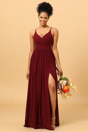 Burgundy A-Line Spaghetti Straps Ruched Long Chiffon Bridesmaid Dress with Slit