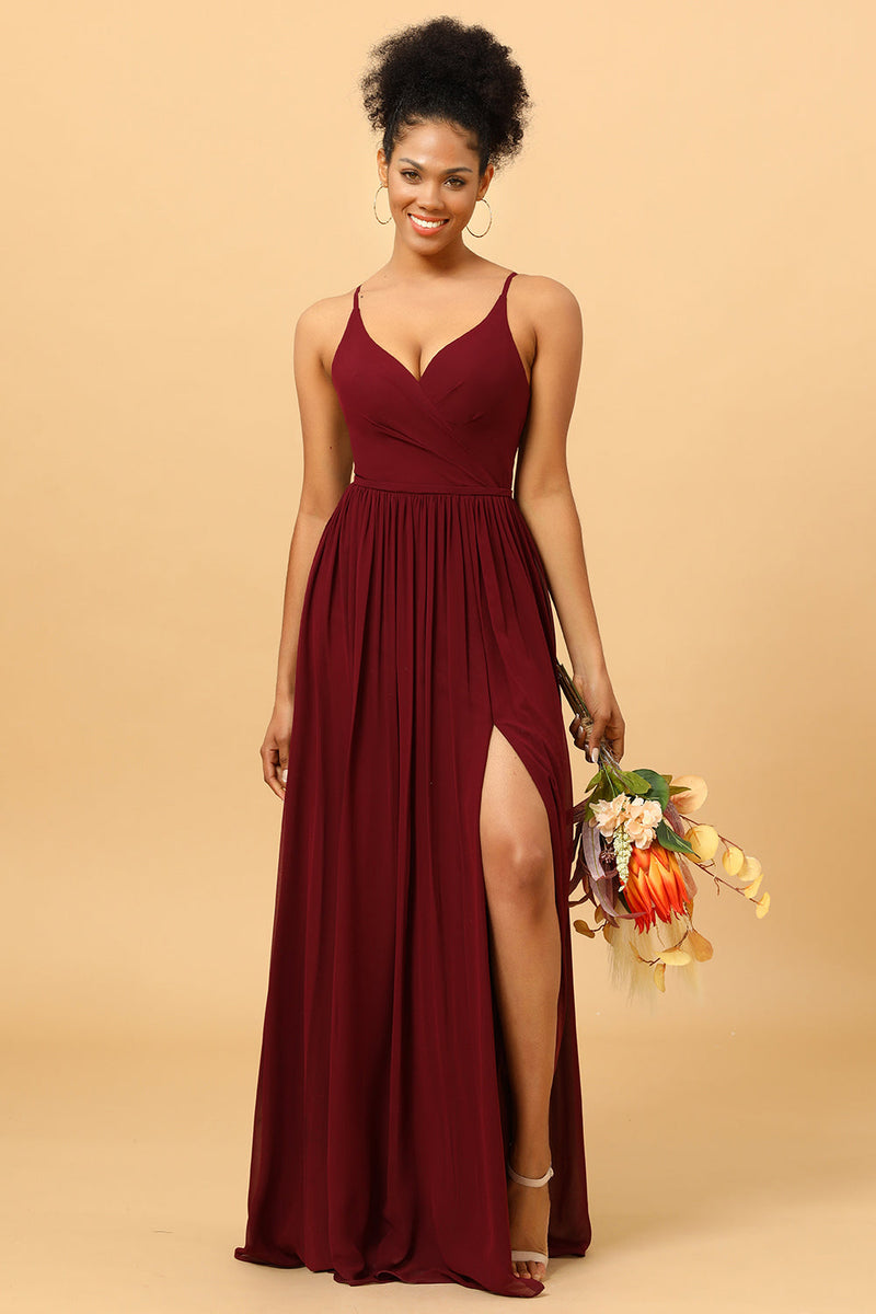 Load image into Gallery viewer, Burgundy A-Line Spaghetti Straps Ruched Long Chiffon Bridesmaid Dress with Slit