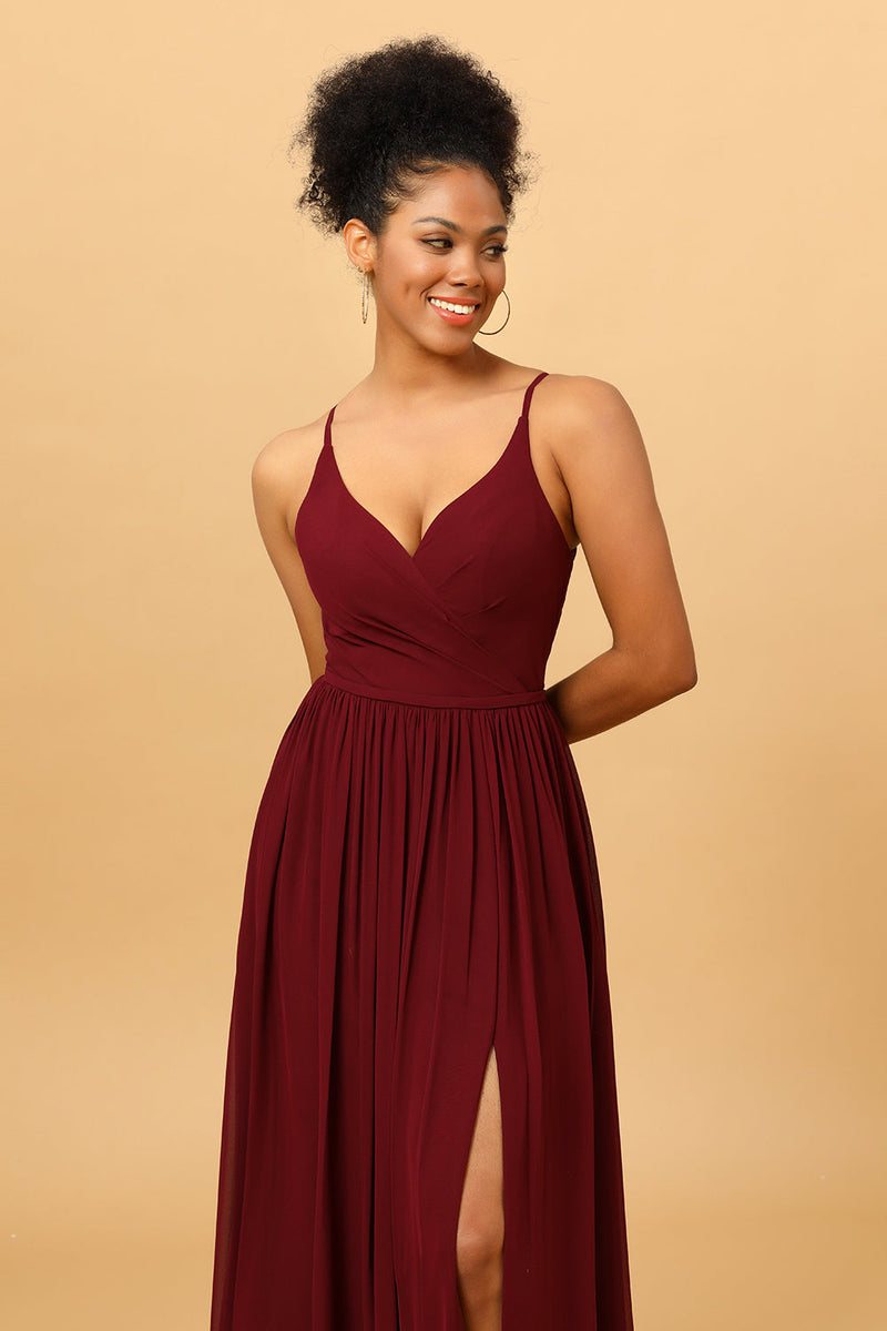 Load image into Gallery viewer, Burgundy A-Line Spaghetti Straps Ruched Long Chiffon Bridesmaid Dress with Slit