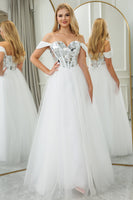 Load image into Gallery viewer, Pure White A Line Off the Shoulder Long Mirror Corset Formal Dress With Sequins