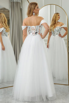 Pure White A Line Off the Shoulder Long Mirror Corset Formal Dress With Sequins