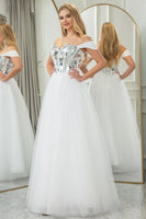 Load image into Gallery viewer, Pure White A Line Off the Shoulder Long Mirror Corset Formal Dress With Sequins