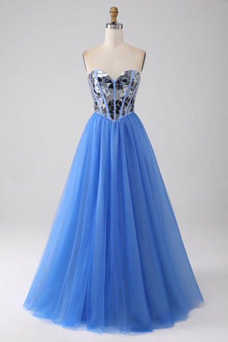 A-Line Sweetheart Mirror Royal Blue Long Formal Dress