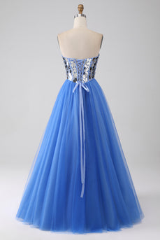 A-Line Sweetheart Mirror Royal Blue Long Formal Dress