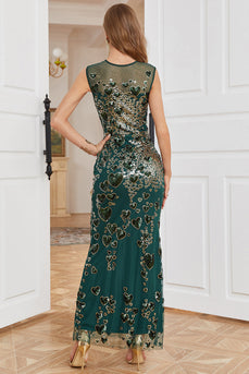 Sheath Round Neck Dark Green Beaded Formal Dress