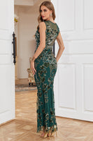 Load image into Gallery viewer, Sheath Round Neck Dark Green Beaded Formal Dress