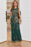 Load image into Gallery viewer, Sheath Round Neck Dark Green Beaded Formal Dress