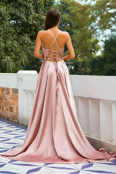 Satin V-Neck Lace-Up Back Pink Long Formal Dress