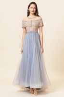 Load image into Gallery viewer, Sparkly Grey Beaded Long Tulle Prom Dress