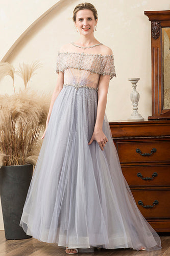 Grey Tulle A Line Beaded Glitter Mother of Bride Dress