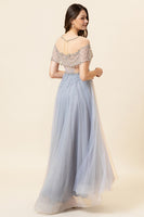 Load image into Gallery viewer, Sparkly Grey Beaded Long Tulle Prom Dress