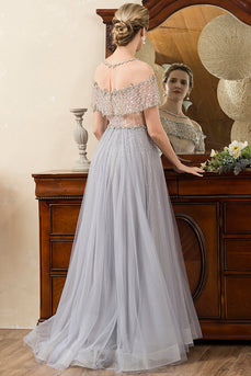 Grey Tulle A Line Beaded Glitter Mother of Bride Dress