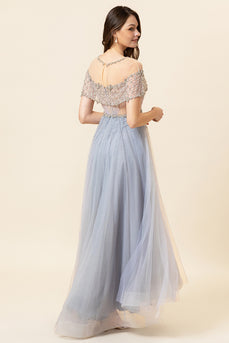 Sparkly Grey Beaded Long Tulle Prom Dress