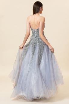Sparkly Grey Beaded Long Tulle Prom Dress