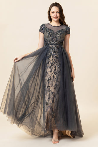 Sparkly Dark Grey Beaded Long Formal Dress