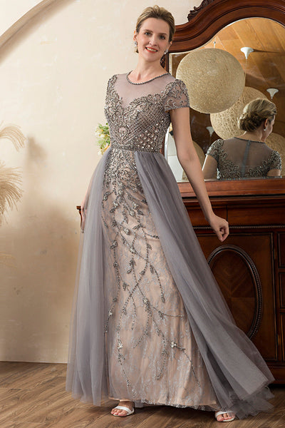 Grey A Line Tulle Beaded Glitter Mother of Bride Dress