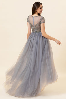 Sparkly Grey Beaded Long Formal Dress