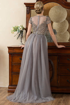 Grey A Line Tulle Beaded Glitter Mother of Bride Dress