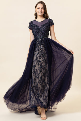 Sparkly Navy Beaded Long Formal Dress