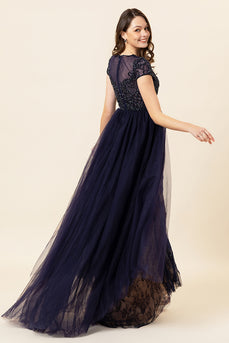 Sparkly Navy Beaded Long Formal Dress