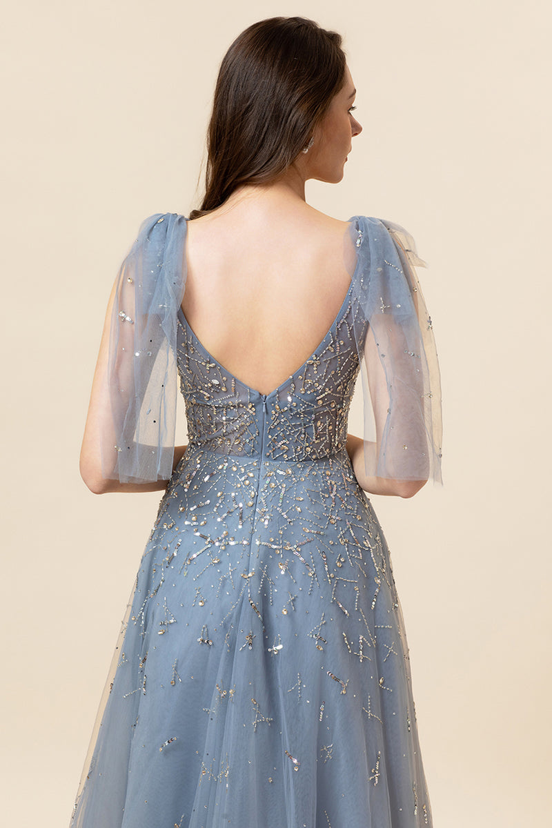 Load image into Gallery viewer, Sparkly Beaded Blue Long Tulle Prom Dress