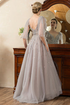 Grey A Line Beading Glitter Mother of Bride Dress