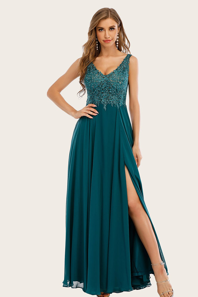 Load image into Gallery viewer, Turquoise Chiffon Long Prom Dress with Beading