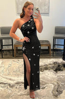 Load image into Gallery viewer, Sparkly Sequins Black One Shoulder Long Formal Dress with Stars