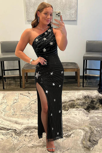 Sparkly Sequins Black One Shoulder Long Formal Dress with Stars