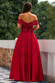 Red Off the Shoulder Long Formal Dress with Appliques