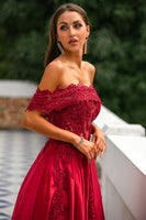 Load image into Gallery viewer, Red Off the Shoulder Long Formal Dress with Appliques