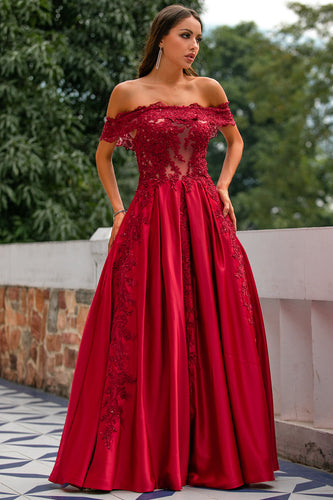 Red Off the Shoulder Long Formal Dress with Appliques