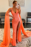 Load image into Gallery viewer, Orange Watteau Train Sequins Long Formal Dress