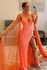 Load image into Gallery viewer, Orange Watteau Train Sequins Long Formal Dress