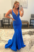 Load image into Gallery viewer, Mermaid Deep V Neck Royal Blue Long Formal Dress with Beading