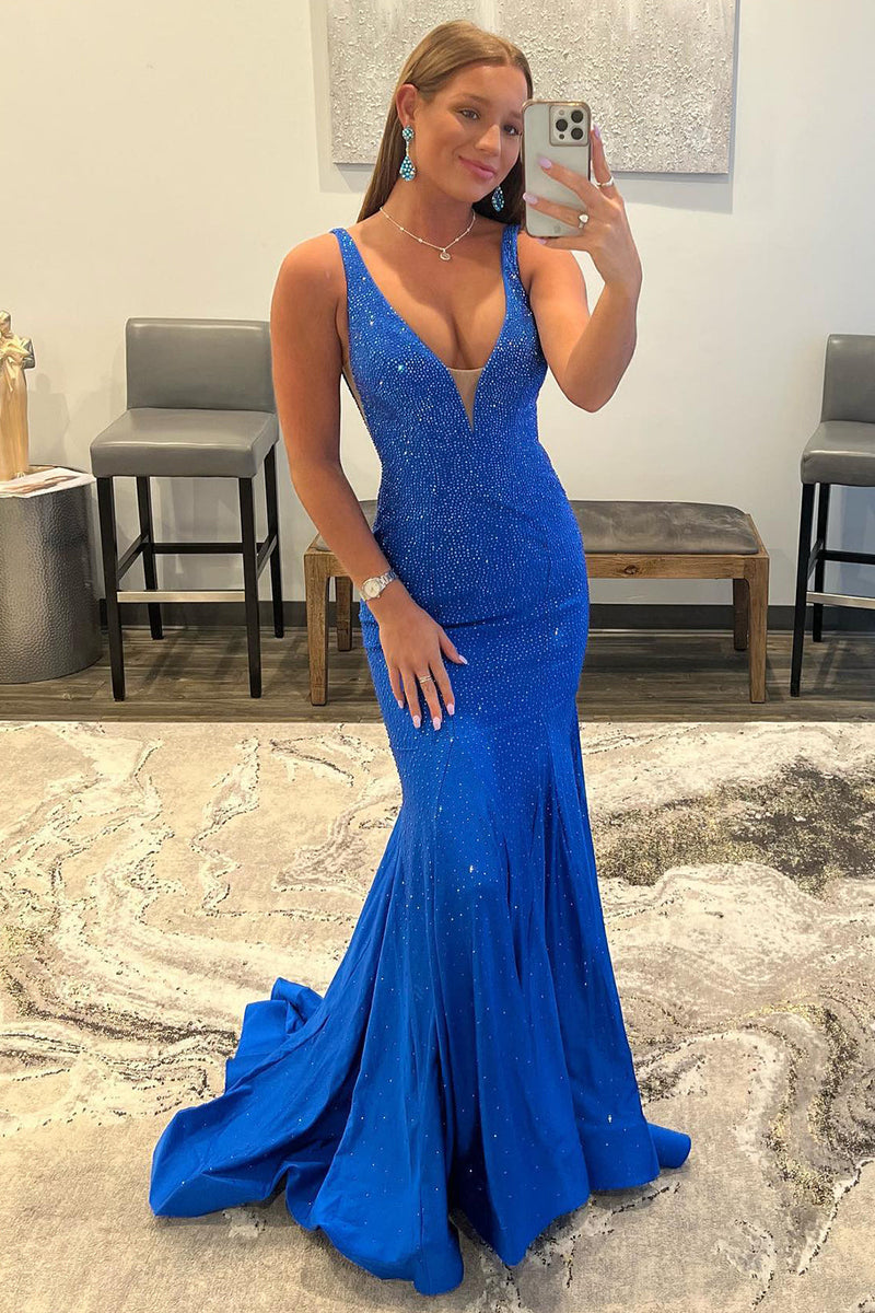 Load image into Gallery viewer, Mermaid Deep V Neck Royal Blue Long Formal Dress with Beading