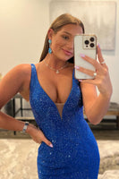 Load image into Gallery viewer, Mermaid Deep V Neck Royal Blue Long Formal Dress with Beading