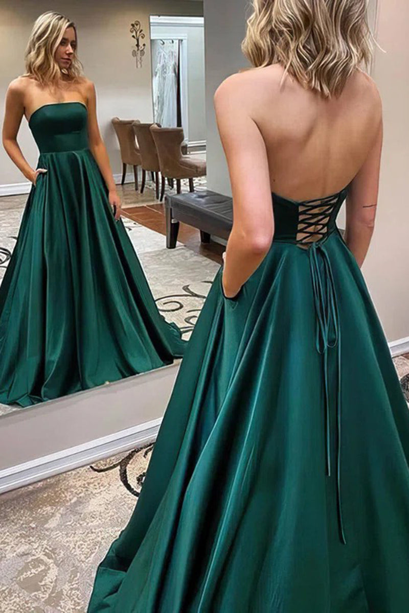 Load image into Gallery viewer, A Line Strapless Dark Green Long Formal Dress Criss Cross Back