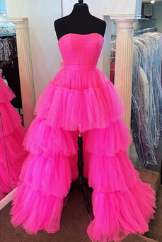 Stylish High Low Strapless Fuchsia Formal Dress with Ruffles