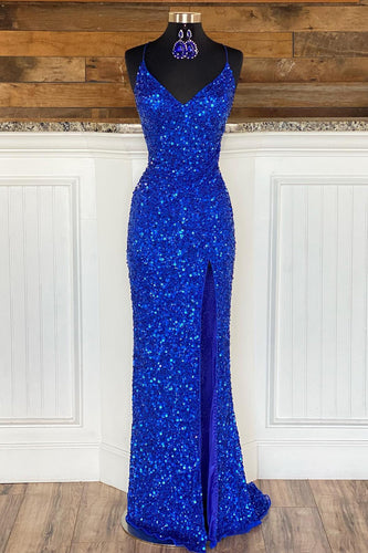 Mermaid Spaghetti Straps Royal Blue Sequins Long Formal Dress