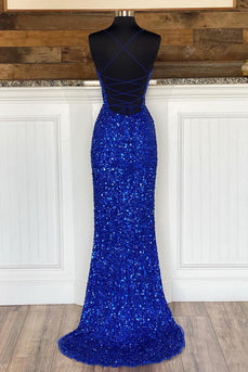 Mermaid Spaghetti Straps Royal Blue Sequins Long Formal Dress