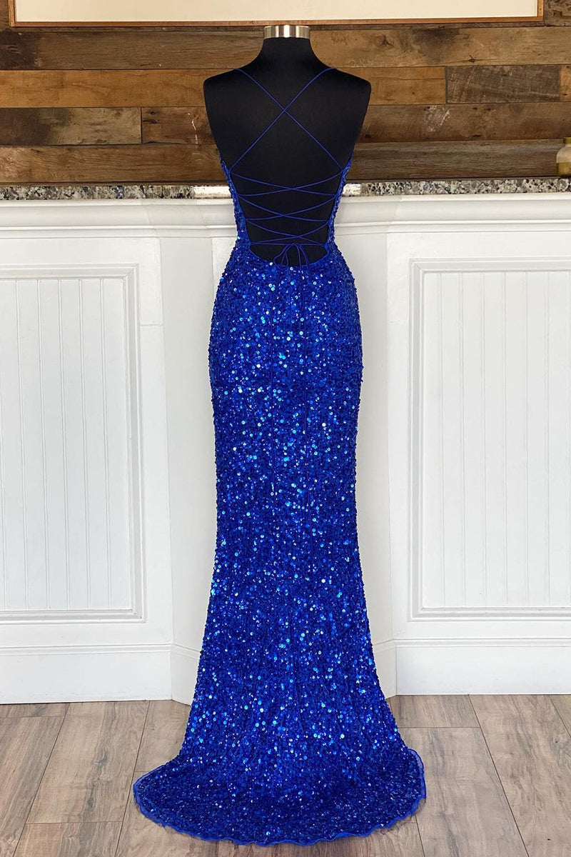 Load image into Gallery viewer, Mermaid Spaghetti Straps Royal Blue Sequins Long Formal Dress