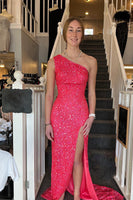 Load image into Gallery viewer, Sheath One Shoulder White Sequins Long Formal Dress with Split Front