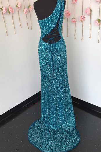 Sheath One Shoulder White Sequins Long Formal Dress with Split Front