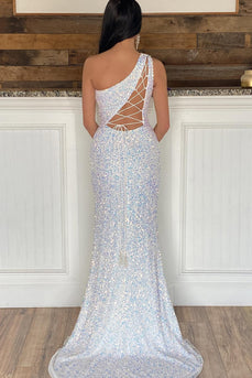 Sheath One Shoulder White Sequins Long Formal Dress with Split Front